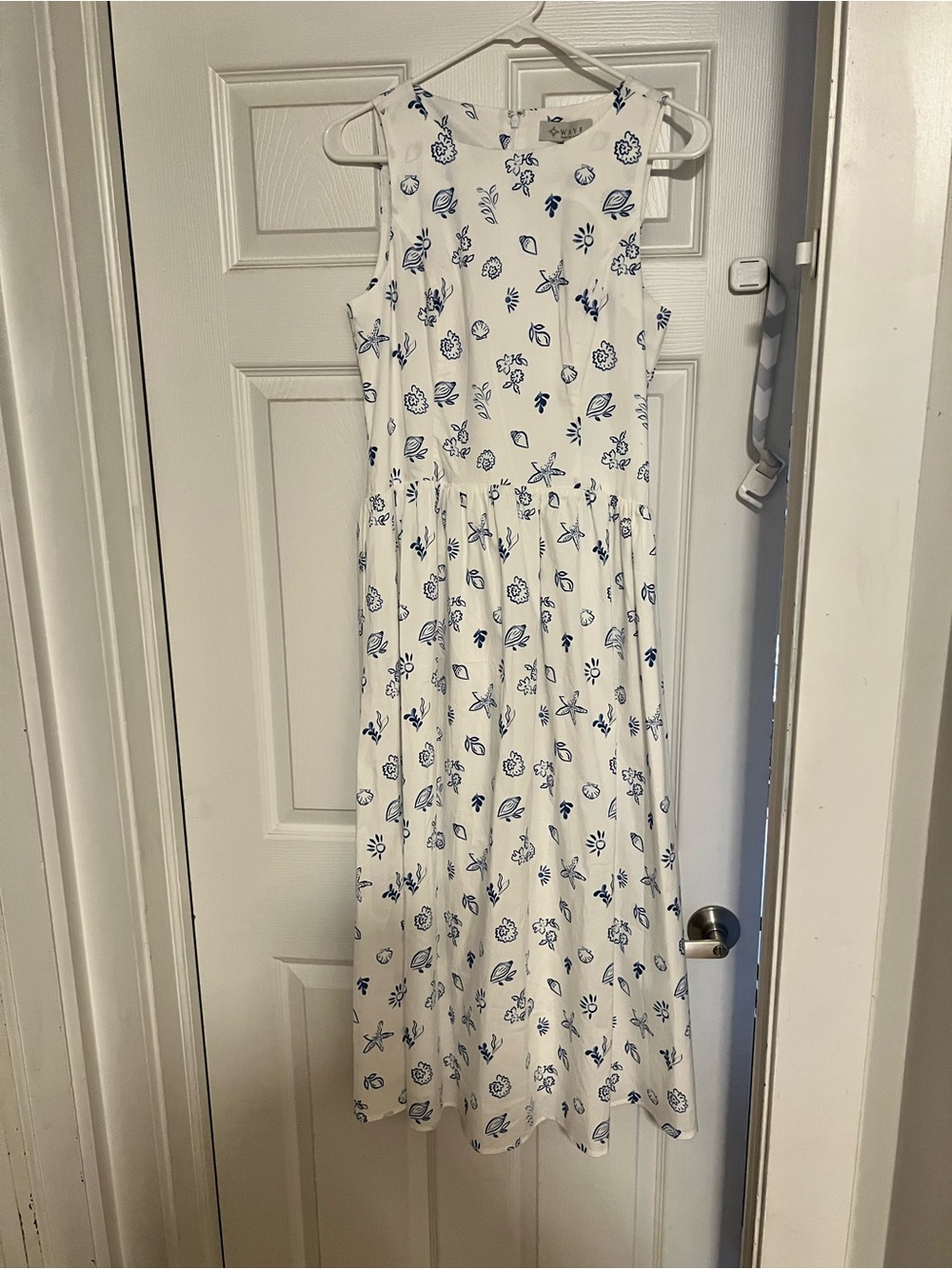 Wayf White Midi Dress with Blue Floral Print Accents